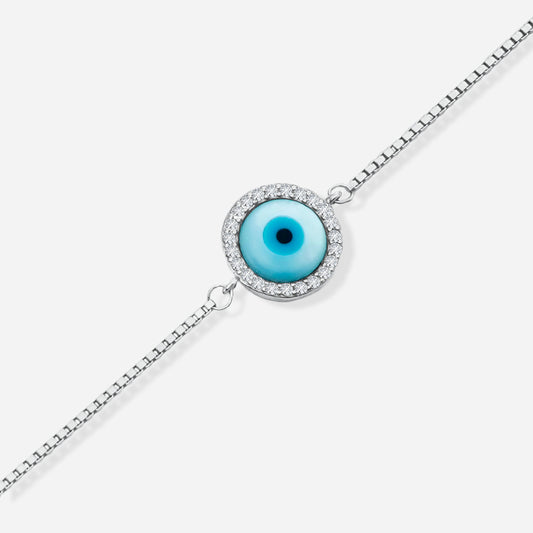 Necklace with a blue evil eye pendant on a white background
