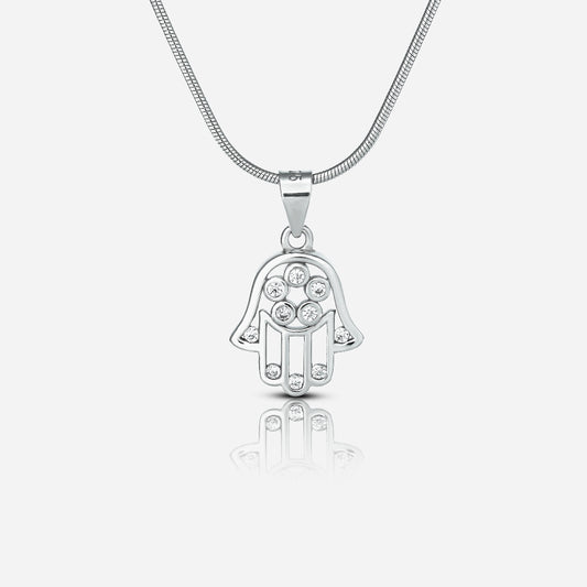 Silver Hamsa hand pendant necklace on a white background