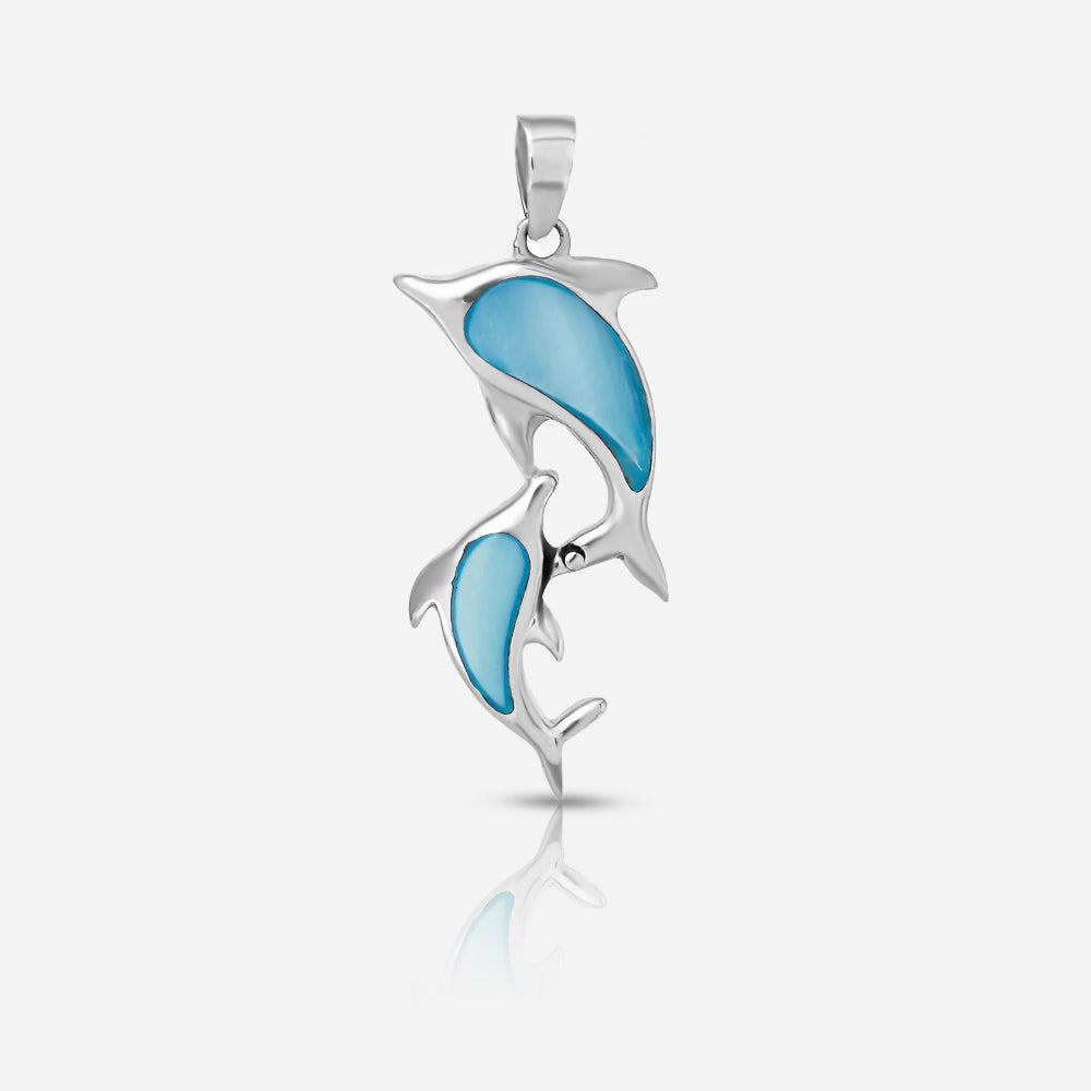 Silver pendant with two dolphins and blue accents on a white background