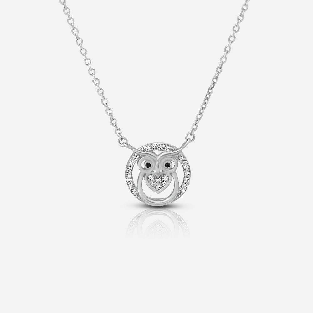 Silver owl-shaped pendant necklace on a white background