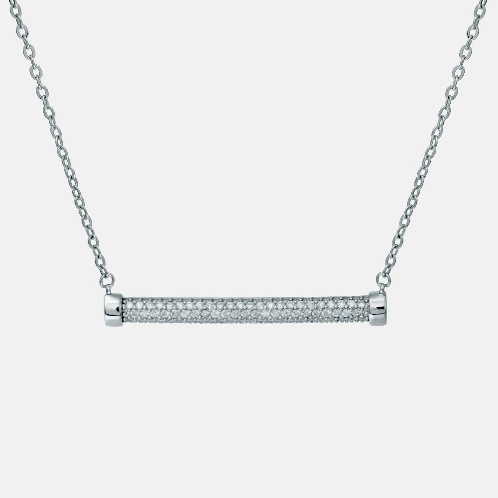Silver necklace with a bar pendant on a light gray background