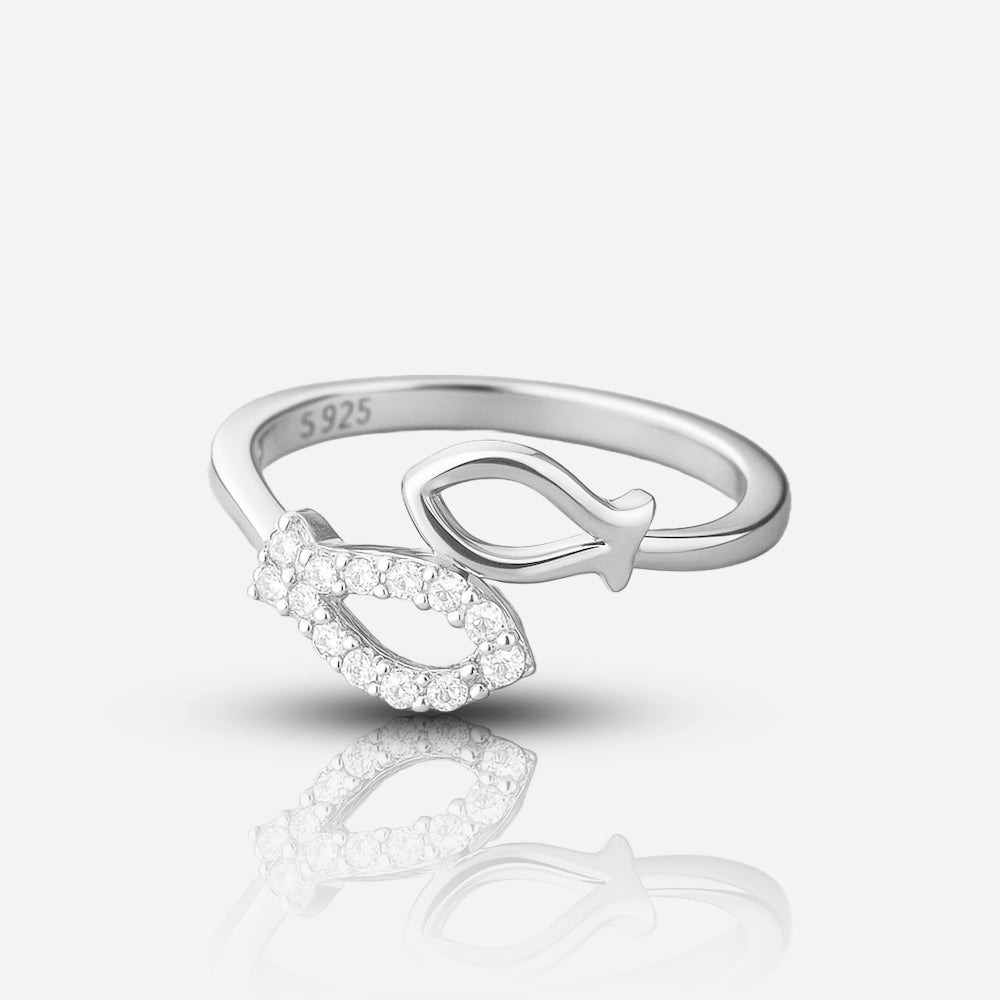 Silver ring with a fish design and '925' stamp on a white background