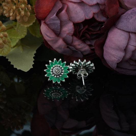 Boho Bloom – Green Enamel Sunflower Studs