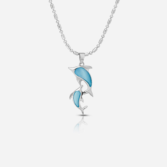 Silver necklace with a dolphin pendant on a white background