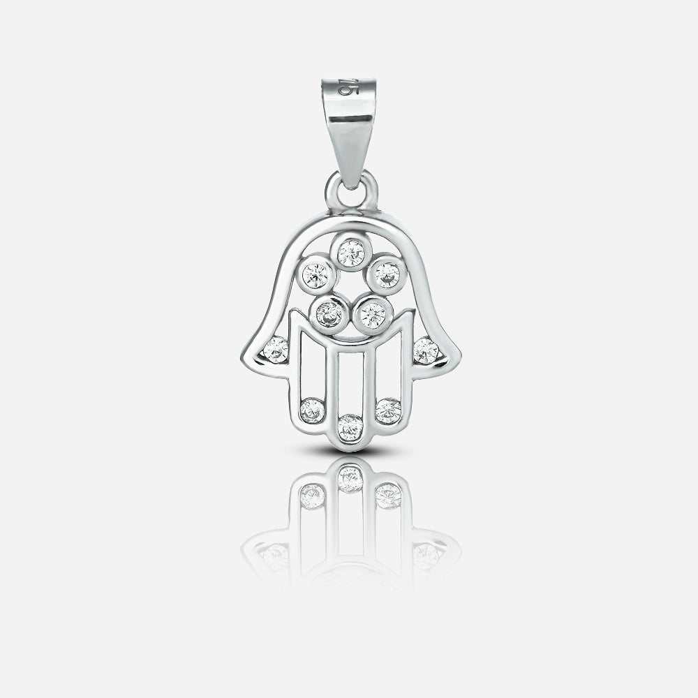 Silver Hamsa hand pendant with embedded stones on a white background