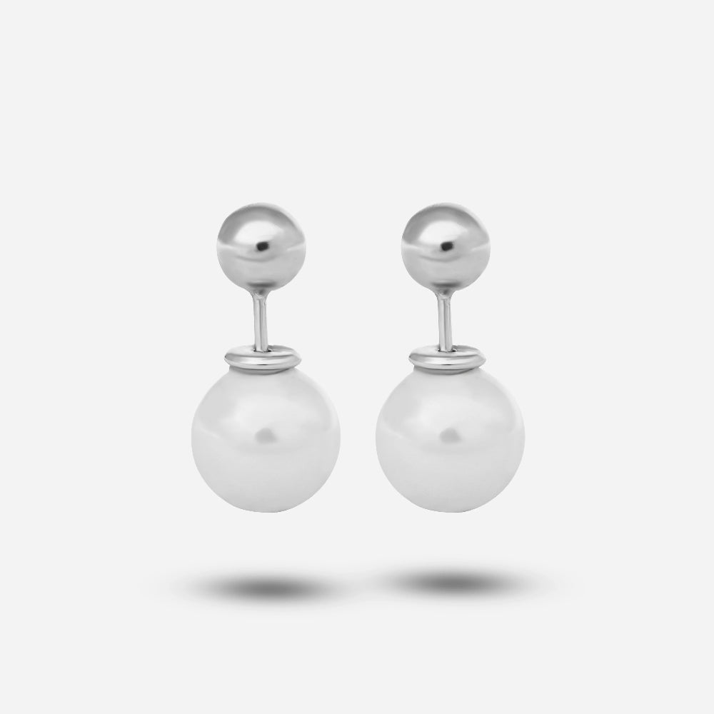 Pair of pearl earrings with silver tops on a white background